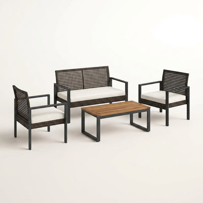 Wicker Patio Conversation Set Built for Year-Round Use, Acacia Wood Table, Iron Frame, Grey Cushions