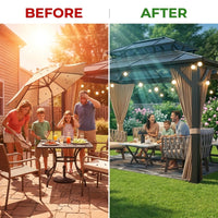 12'X10' Hardtop Gazebo, Aluminum Permanent Pavilion with Polycarbonate Double Roof, Removable Curtains & Mosquito Netting for Patio, Garden, Lawn, Upgrade Your Outdoors (Brown, 12'X10') — Before & After