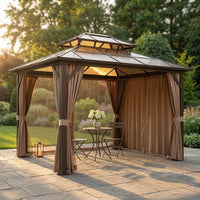 12'X10' Hardtop Gazebo, Aluminum Permanent Pavilion with Polycarbonate Double Roof, Removable Curtains & Mosquito Netting for Patio, Garden, Lawn, Upgrade Your Outdoors (Brown, 12'X10') — Studio Shot