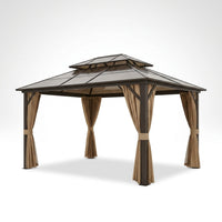 12'X10' Hardtop Gazebo, Aluminum Permanent Pavilion with Polycarbonate Double Roof, Removable Curtains & Mosquito Netting for Patio, Garden, Lawn, Upgrade Your Outdoors (Brown, 12'X10') — Studio Shot