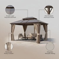 12'X10' Hardtop Gazebo, Aluminum Permanent Pavilion with Polycarbonate Double Roof, Removable Curtains & Mosquito Netting for Patio, Garden, Lawn, Upgrade Your Outdoors (Brown, 12'X10') — infographic
