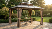 12'X10' Hardtop Gazebo, Aluminum Permanent Pavilion with Polycarbonate Double Roof, Removable Curtains & Mosquito Netting for Patio, Garden, Lawn, Upgrade Your Outdoors (Brown, 12'X10') — Lifestyle