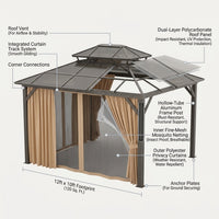 12'X10' Hardtop Gazebo, Aluminum Permanent Pavilion with Polycarbonate Double Roof, Removable Curtains & Mosquito Netting for Patio, Garden, Lawn, Upgrade Your Outdoors (Brown, 12'X10') — How It Works