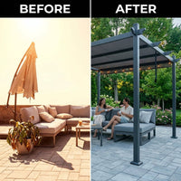 16 Ft. W X 12 Ft. D Aluminum Pergola Outdoor with Dark Gray Retractable Canopy — Before & After