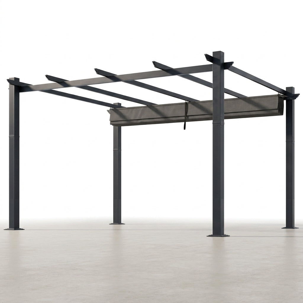 16 Ft. W X 12 Ft. D Aluminum Pergola Outdoor with Dark Gray Retractable Canopy — Studio Shot
