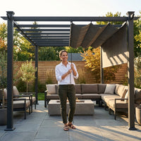 16 Ft. W X 12 Ft. D Aluminum Pergola Outdoor with Dark Gray Retractable Canopy — Lifestyle