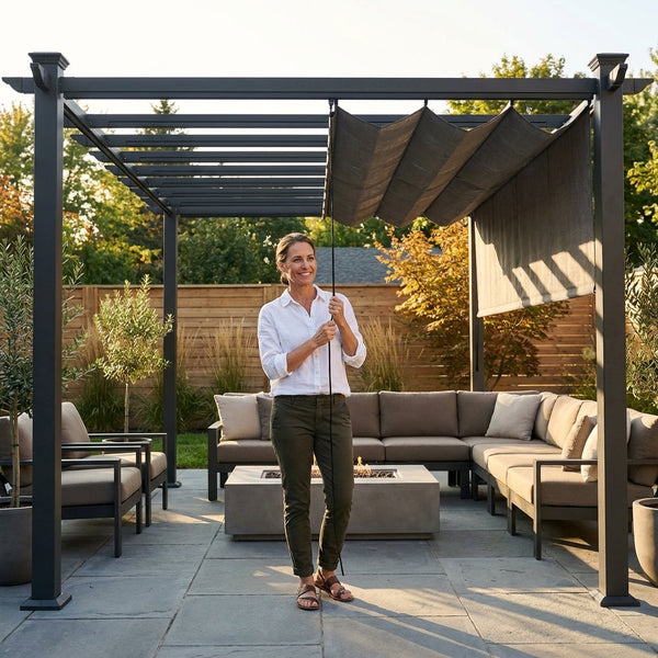 Aluminum Pergola Built for All-Weather Use, 16x12 Ft Coverage, Retractable Dark Gray Canopy, 192 Sq Ft