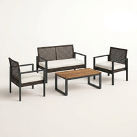 4-Piece Wicker Patio Conversation Set with Cushion, Outdoor Patio Furniture Set with Wood Table Top-Grey Cushions — Studio Shot