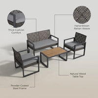 4-Piece Wicker Patio Conversation Set with Cushion, Outdoor Patio Furniture Set with Wood Table Top-Grey Cushions — infographic