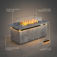 50000 BTU Rectangular Fire Pit Table with Golden Led Light Metal Table Top Outdoor Propane Fire Pit Table — infographic