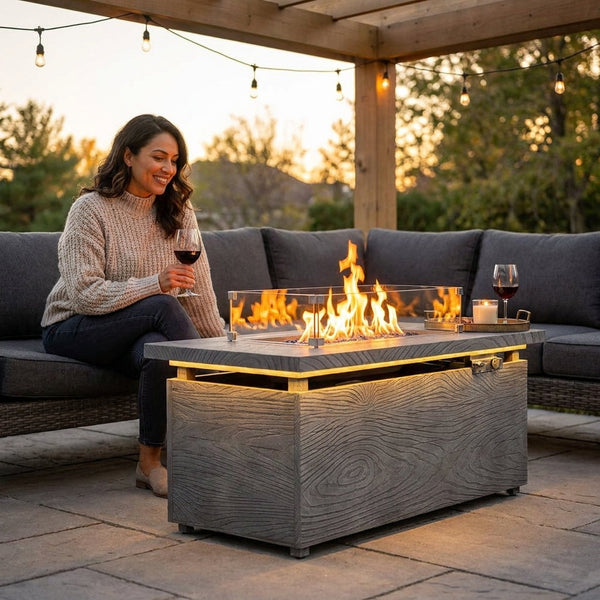 Propane Fire Pit Table Built for Year-Round Warmth, 50000 BTU Output, Electronic Ignition, Glass Windshield