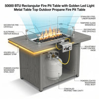 50000 BTU Rectangular Fire Pit Table with Golden Led Light Metal Table Top Outdoor Propane Fire Pit Table — How It Works