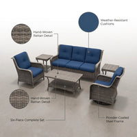 Patio Furniture Set 6-Piece Outdoor Patio Conversation Set with Blue Cushions Lawn Furniture — infographic