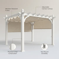 Vinyl Pergola Built for Year-Round Outdoor Use, 10x10 Size, Weather-Resistant, Adjustable Canvas Canopy — infographic