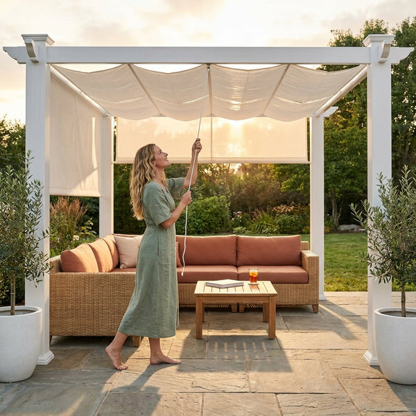 Vinyl Pergola Built for Year-Round Outdoor Use, 10x10 Size, Weather-Resistant, Adjustable Canvas Canopy